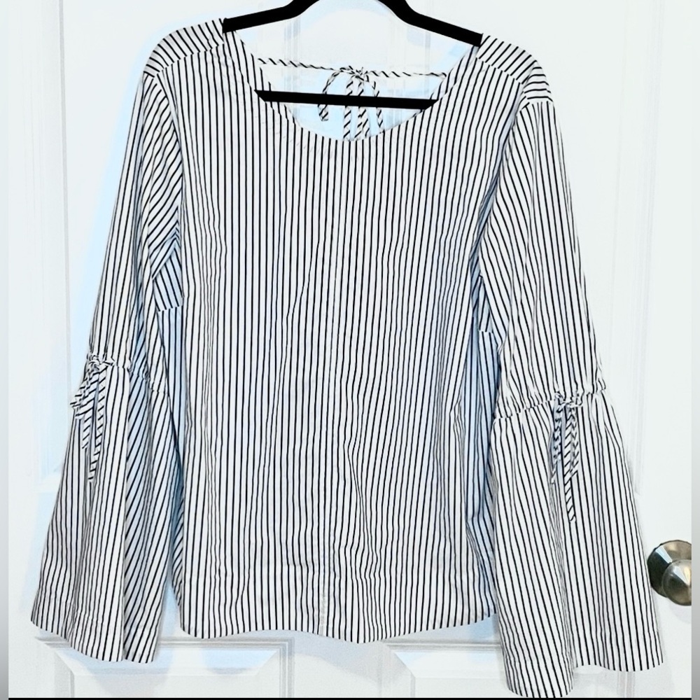 Belle Sky 2X Navy White Stripe Bell Sleeve Tie Back Blouse